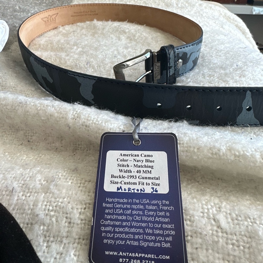 Navy Camo formal belt. Calf-skin, gunmetal clip